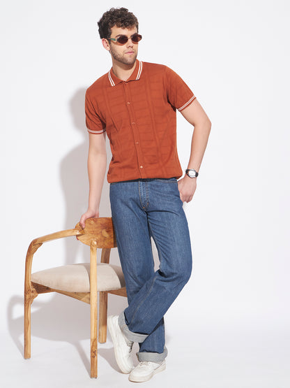 AEDENBURG Men Basket-Weave Rib Panel Stripe Polo Regular Fit Cotton Blend T-Shirt