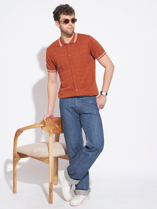AEDENBURG Men Basket-Weave Rib Panel Stripe Polo Regular Fit Cotton Blend T-Shirt