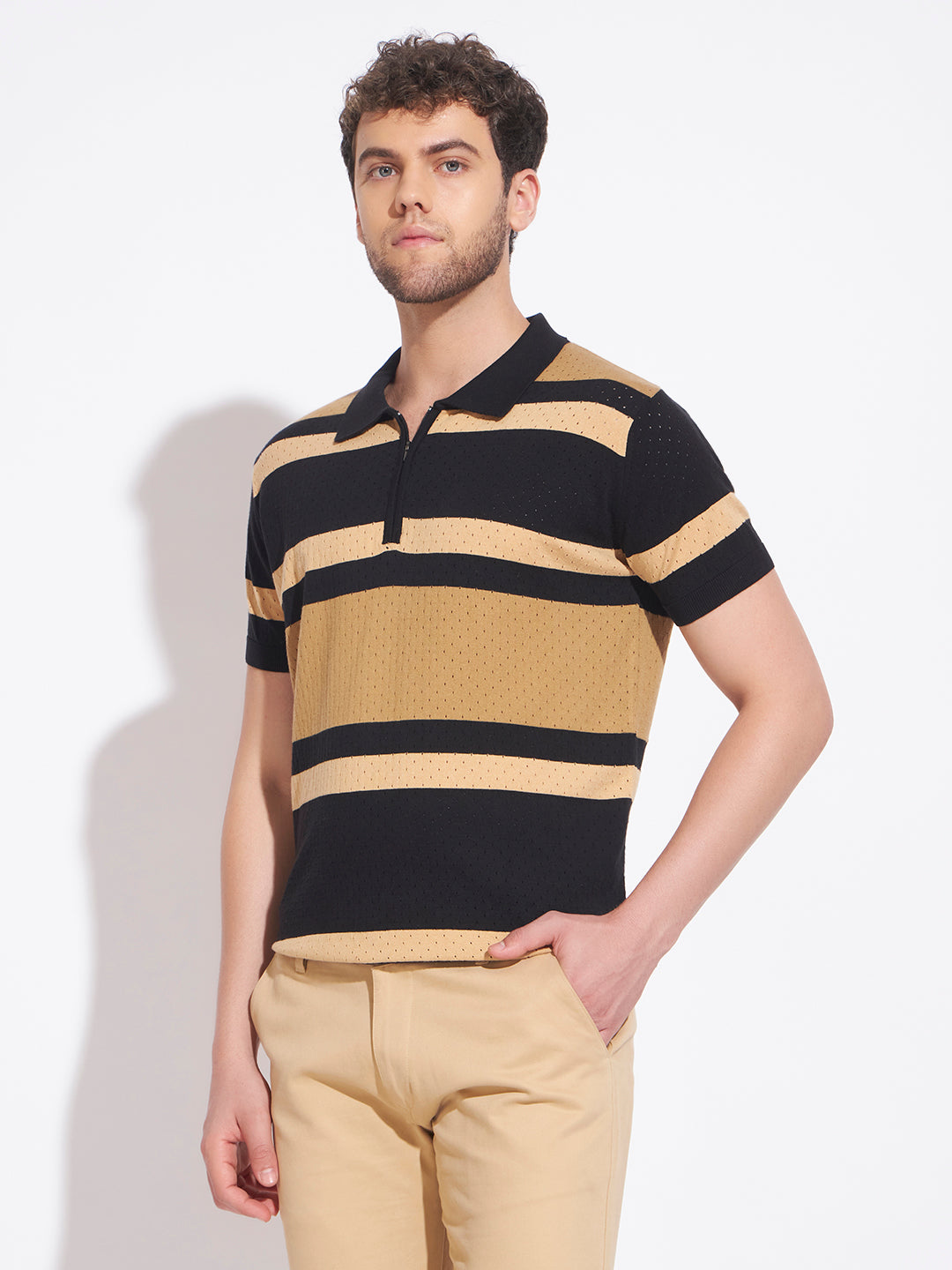 AEDENBURG Men Black Knitted Cotton Blend T-Shirt