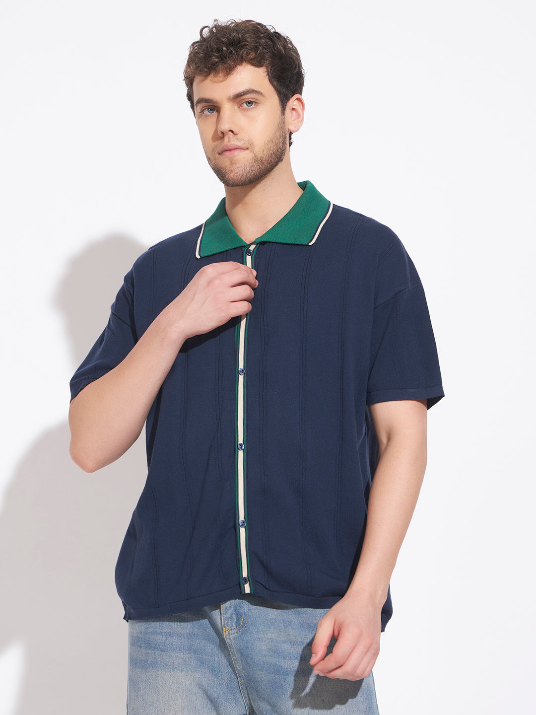 AEDENBURG Men Blue Knitted Cotton Blend T-Shirt