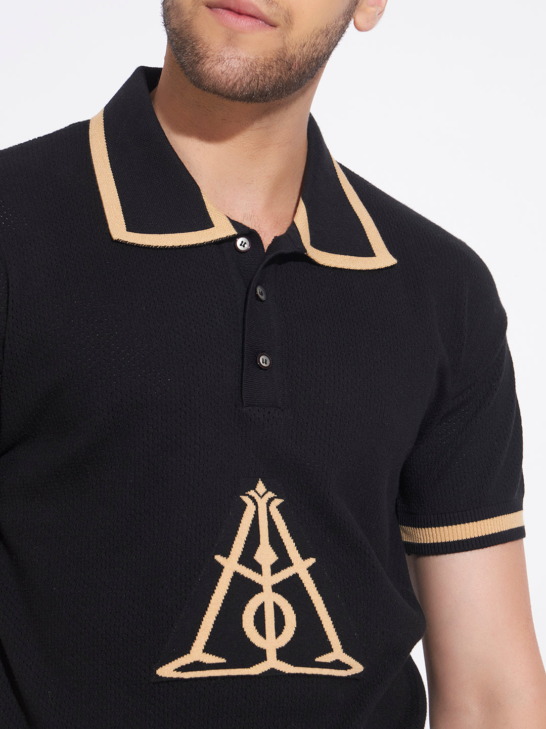 AEDENBURG Men Black Knitted Cotton Blend T-Shirt