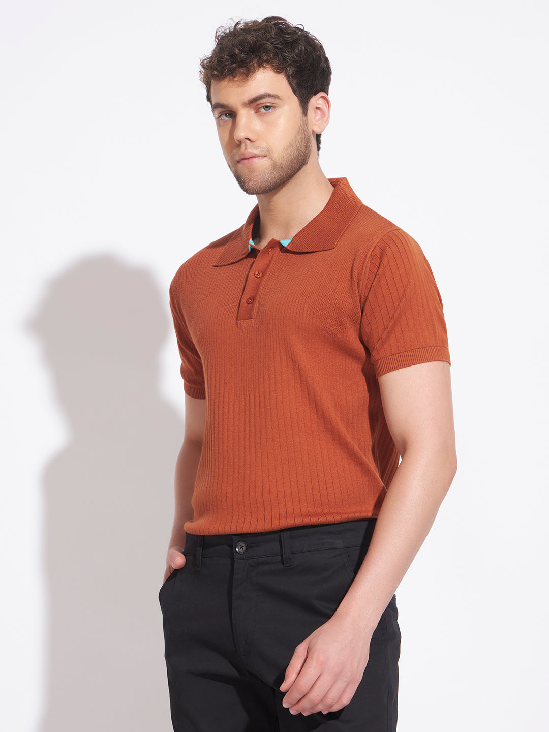 AEDENBURG Men Brown Knitted Cotton Blend T-Shirt