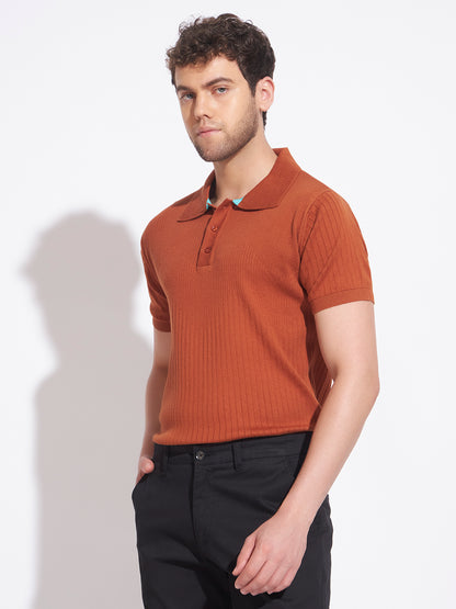 AEDENBURG Men Brown Knitted Cotton Blend T-Shirt