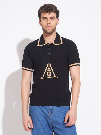 AEDENBURG Men Black Knitted Cotton Blend T-Shirt