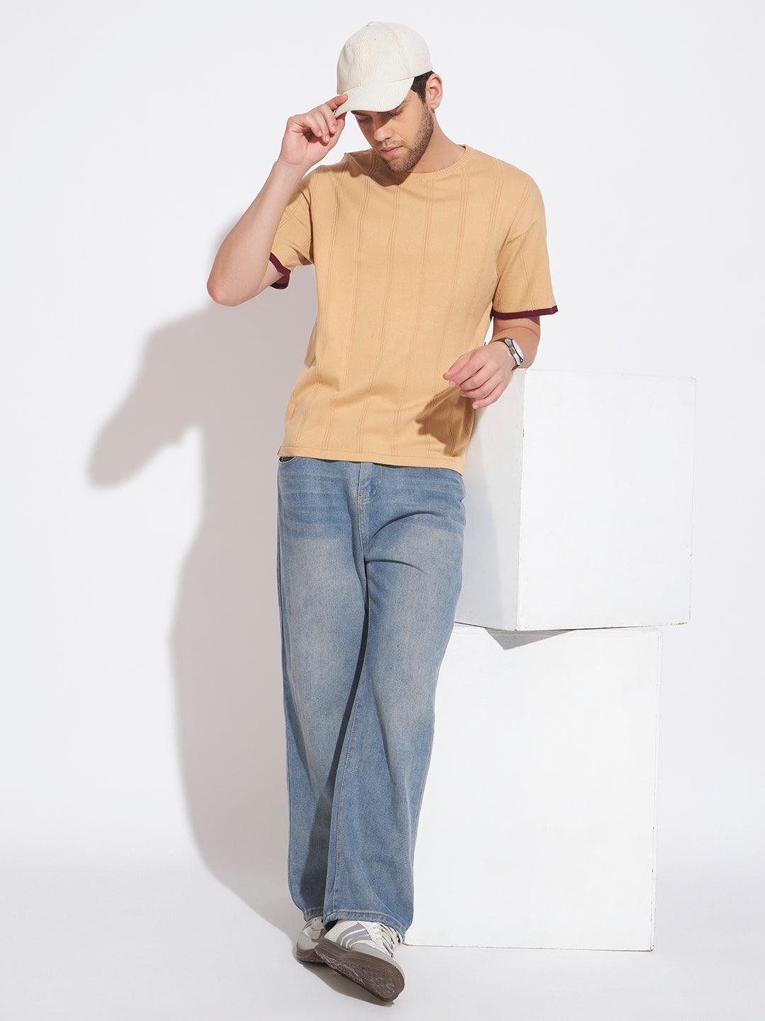 AEDENBURG Men Beige Knitted Cotton Blend T-Shirt