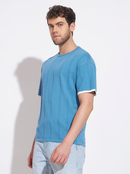 AEDENBURG Men Blue Knitted Cotton Blend T-Shirt