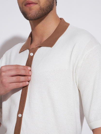 AEDENBURG Men White Knitted Cotton Blend T-Shirt