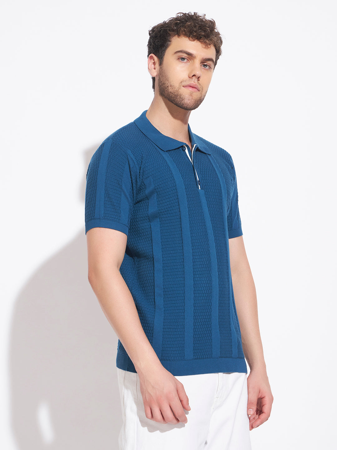 AEDENBURG Men Basket-Weave Contrast Placket Polo Regular Fit Cotton Blend T-Shirt