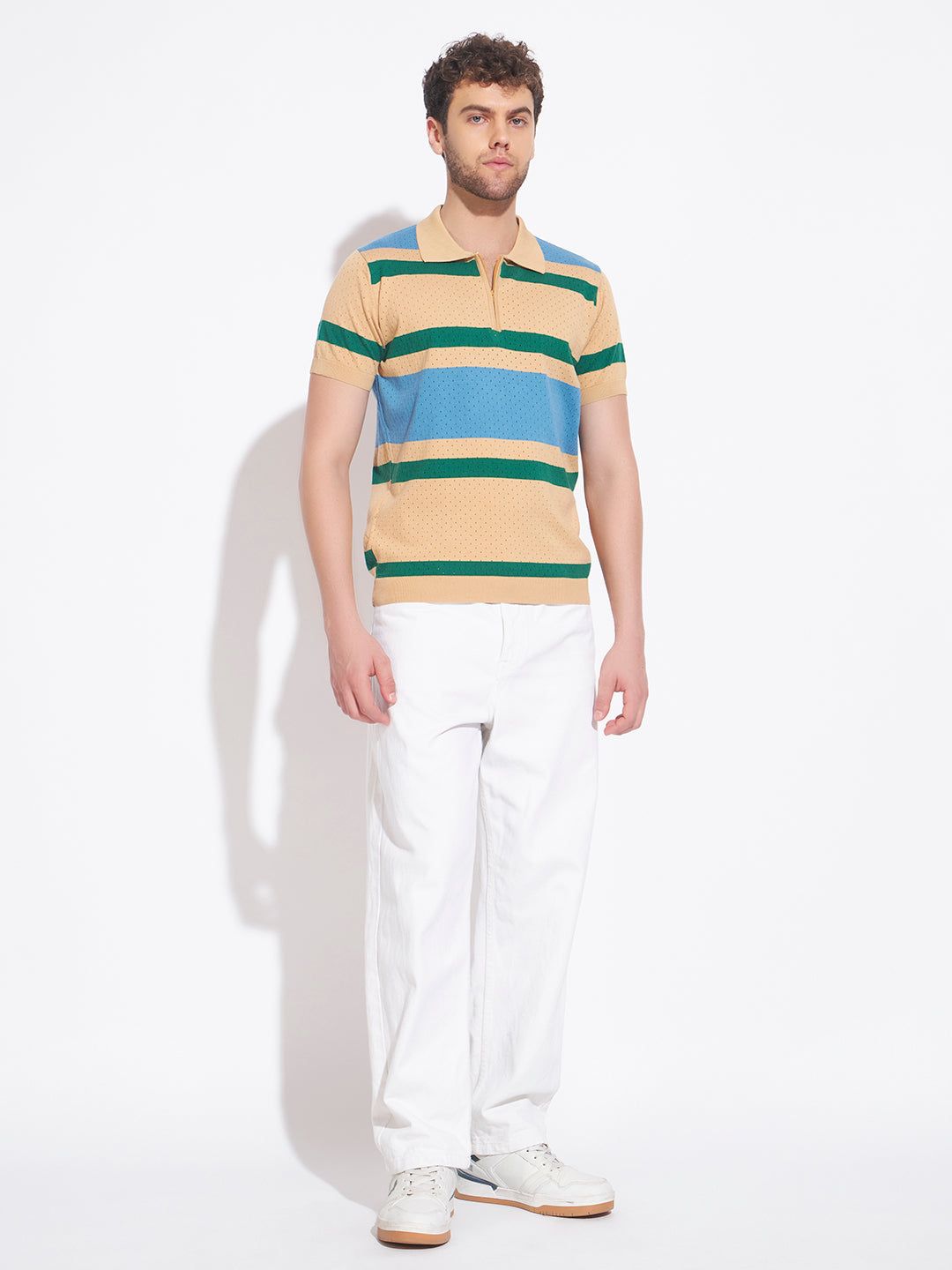 AEDENBURG Men Beige Knitted Cotton Blend T-Shirt
