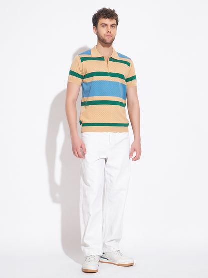AEDENBURG Men Beige Knitted Cotton Blend T-Shirt