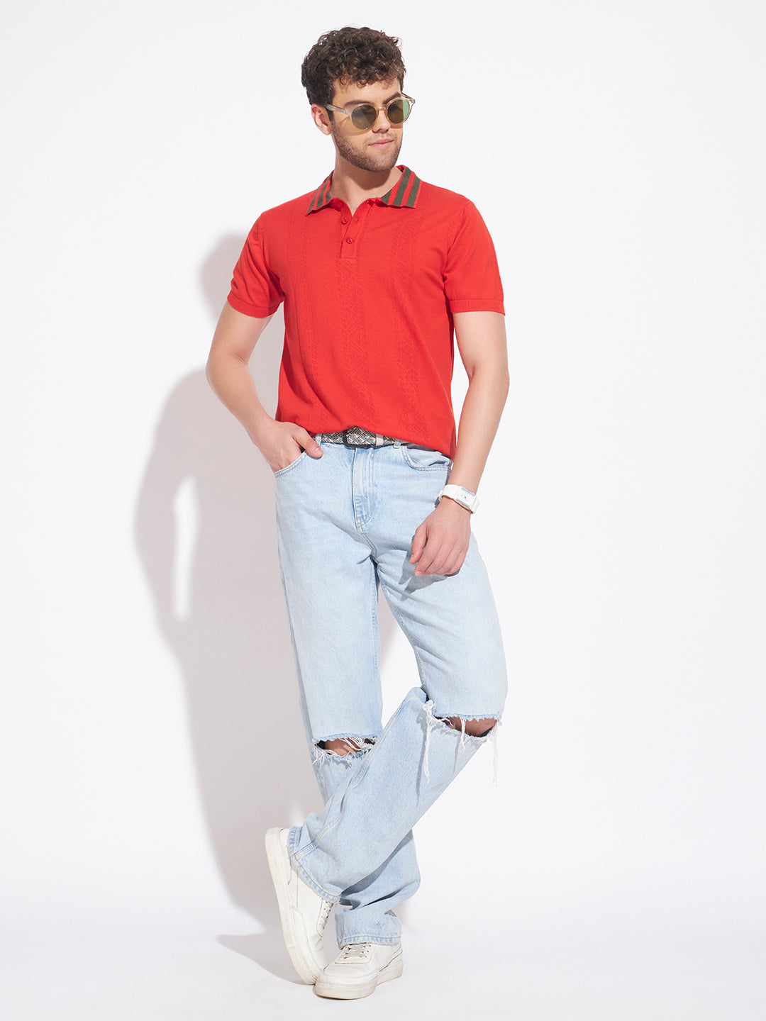 AEDENBURG Men Contrast Jacquard-Stripe Collar Polo Regular Fit Knitted Cotton Blend T-Shirt