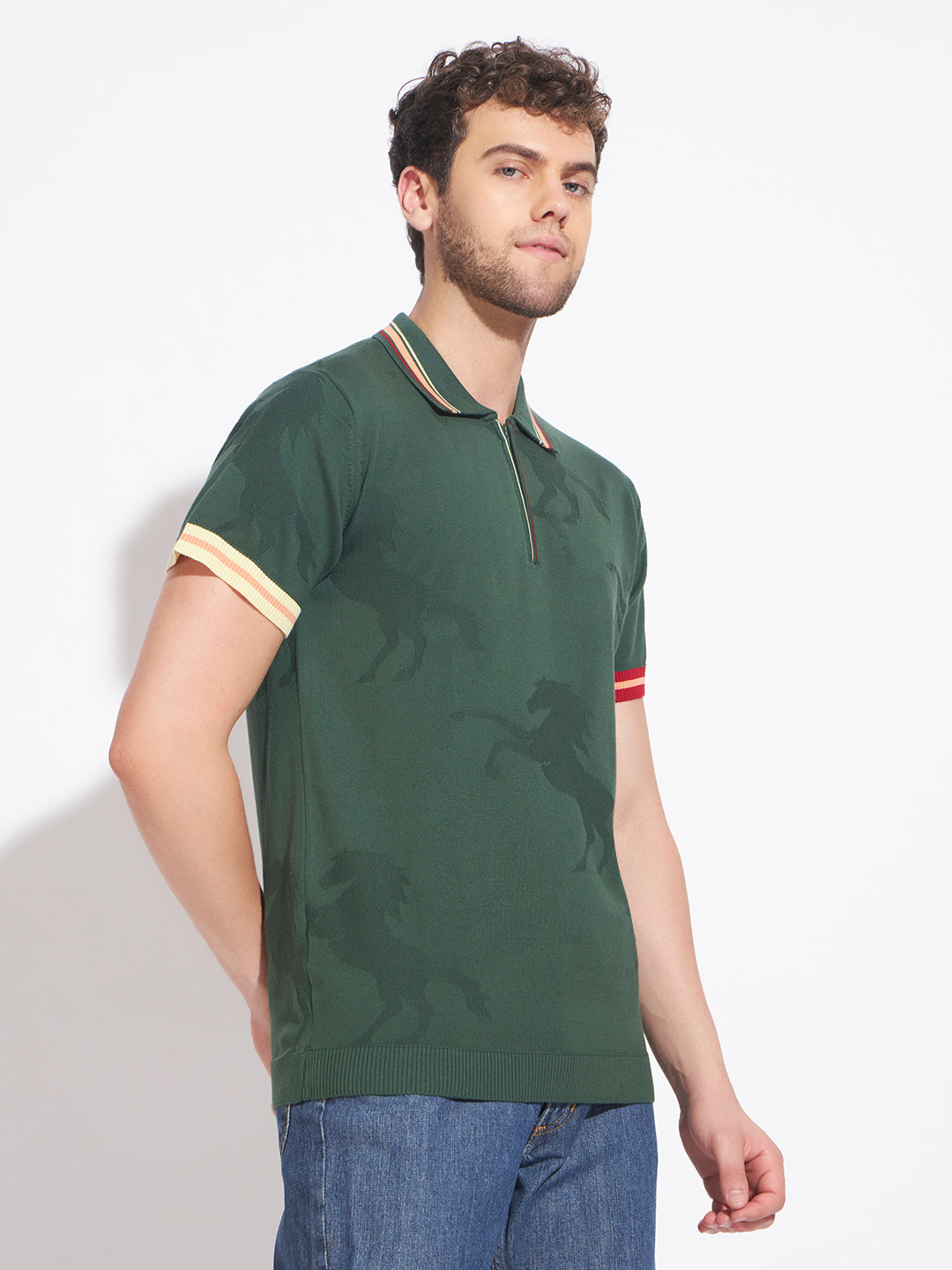 AEDENBURG Men Jacquard Camo Zip Placket Stripe Tipping Polo Regular Fit T-Shirt