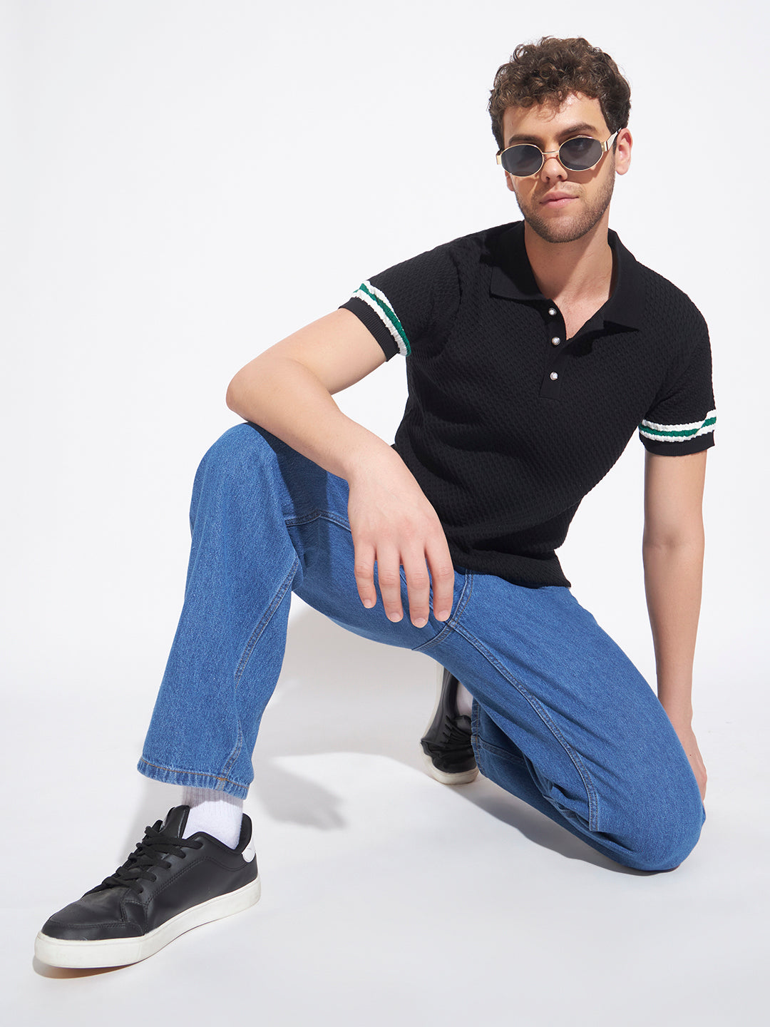 AEDENBURG Men Black Knitted Cotton Blend T-Shirt