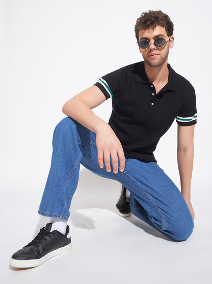 AEDENBURG Men Black Knitted Cotton Blend T-Shirt
