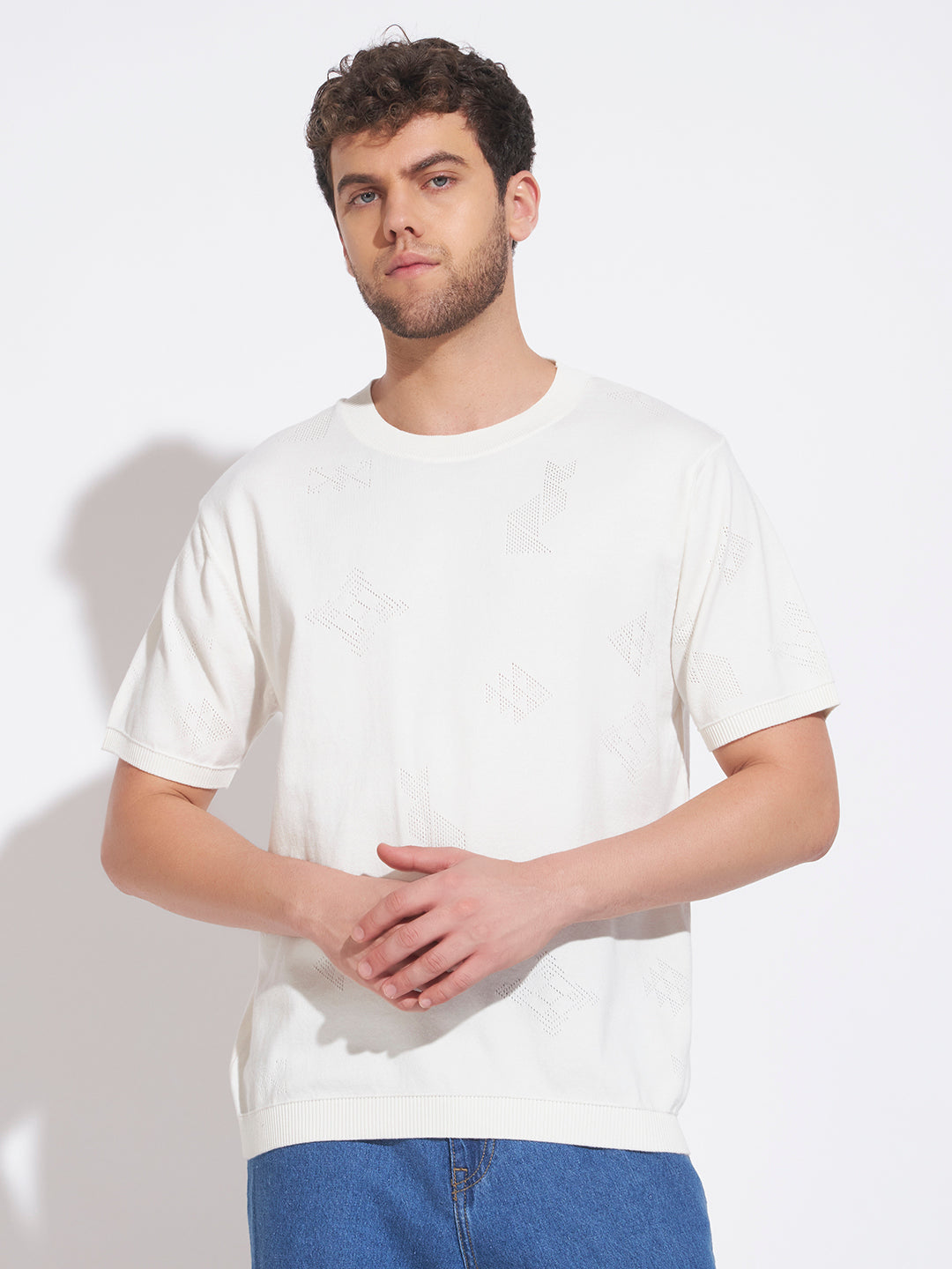 AEDENBURG Men White Knitted Cotton Blend T-Shirt