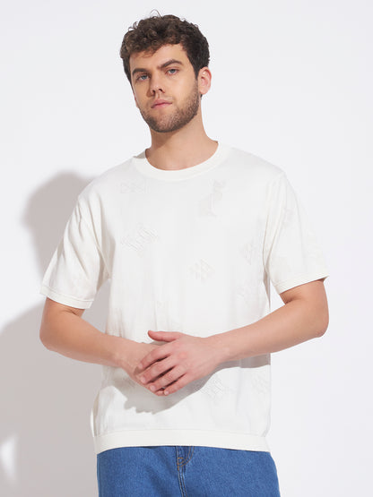 AEDENBURG Men White Knitted Cotton Blend T-Shirt