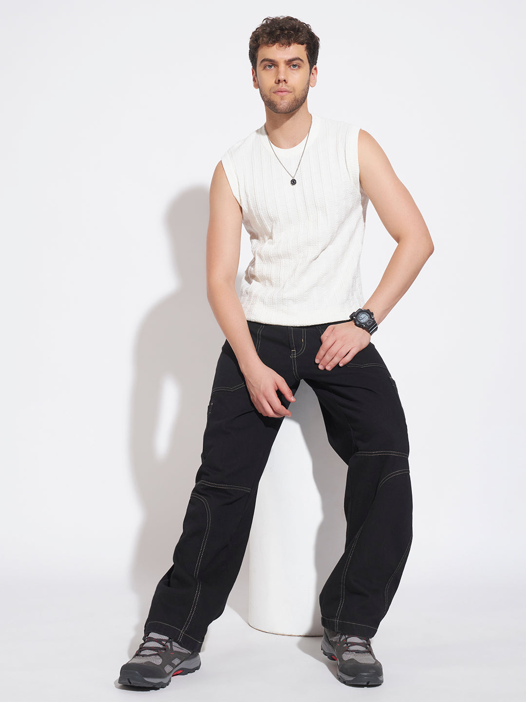 AEDENBURG Men White Knitted Cotton Blend T-Shirt