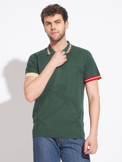 AEDENBURG Men Jacquard Camo Zip Placket Stripe Tipping Polo Regular Fit T-Shirt