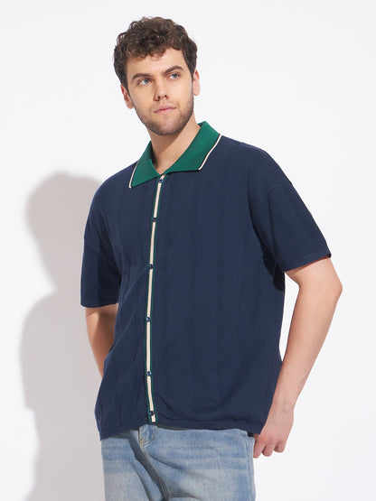AEDENBURG Men Blue Knitted Cotton Blend T-Shirt