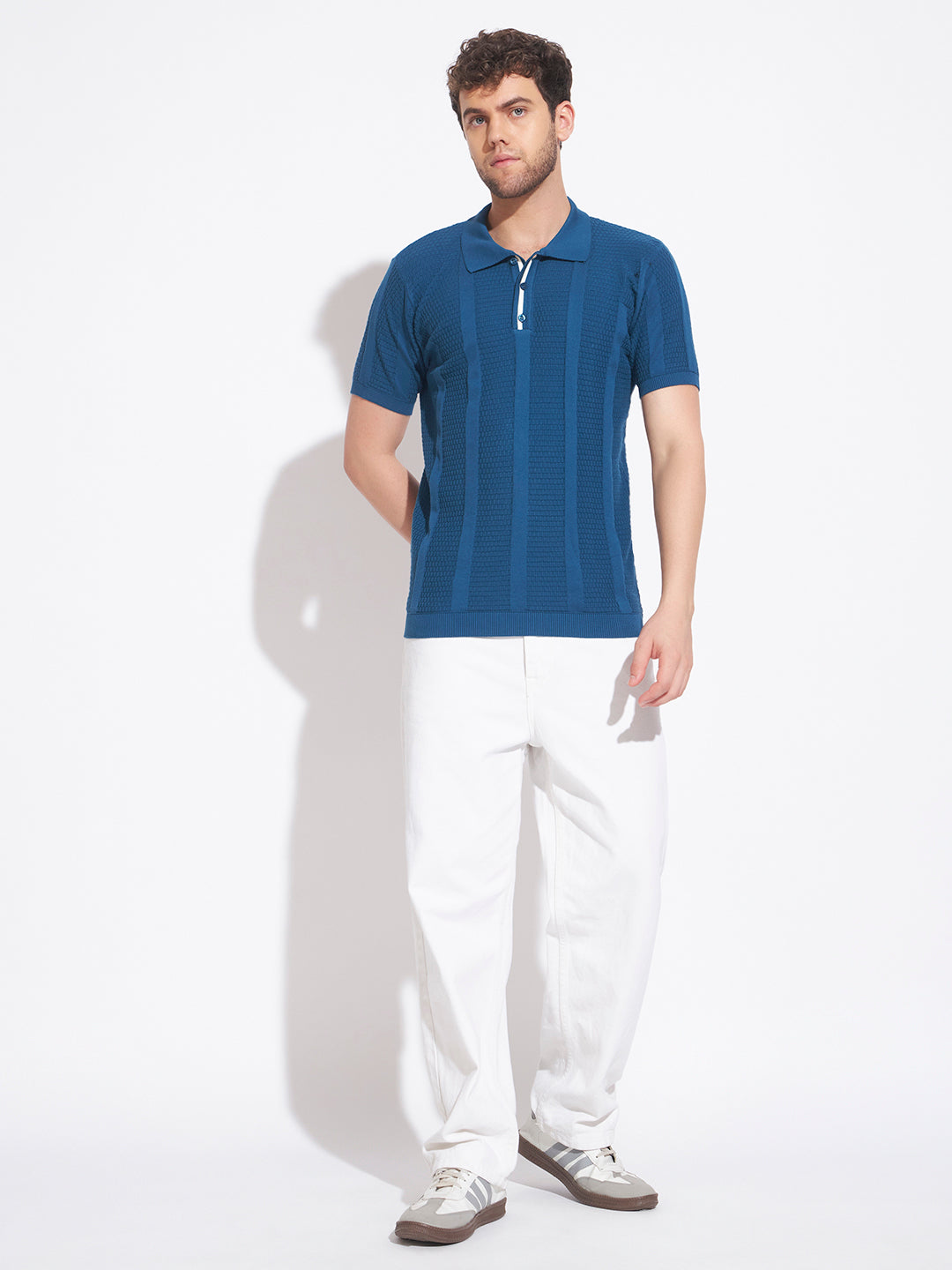 AEDENBURG Men Basket-Weave Contrast Placket Polo Regular Fit Cotton Blend T-Shirt