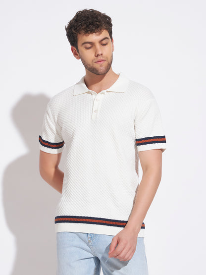 AEDENBURG Men Cable Knit Stripe Tipping Polo Regular Fit Cotton Blend T-Shirt