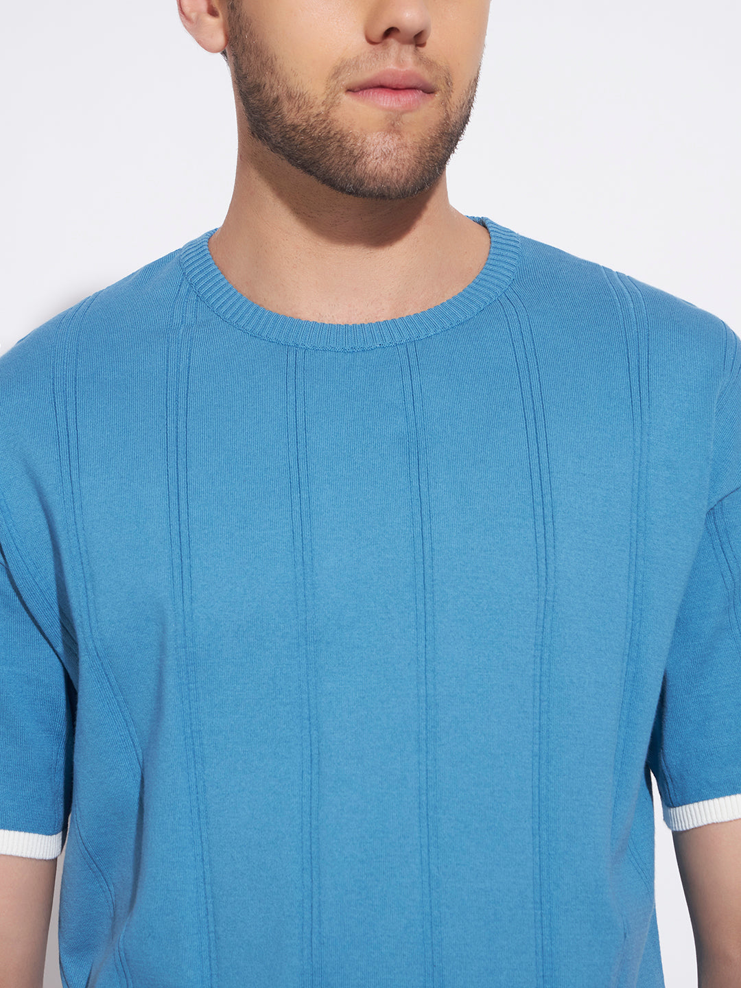 AEDENBURG Men Blue Knitted Cotton Blend T-Shirt