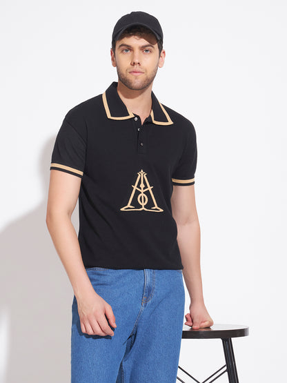 AEDENBURG Men Black Knitted Cotton Blend T-Shirt