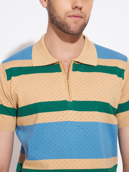AEDENBURG Men Beige Knitted Cotton Blend T-Shirt