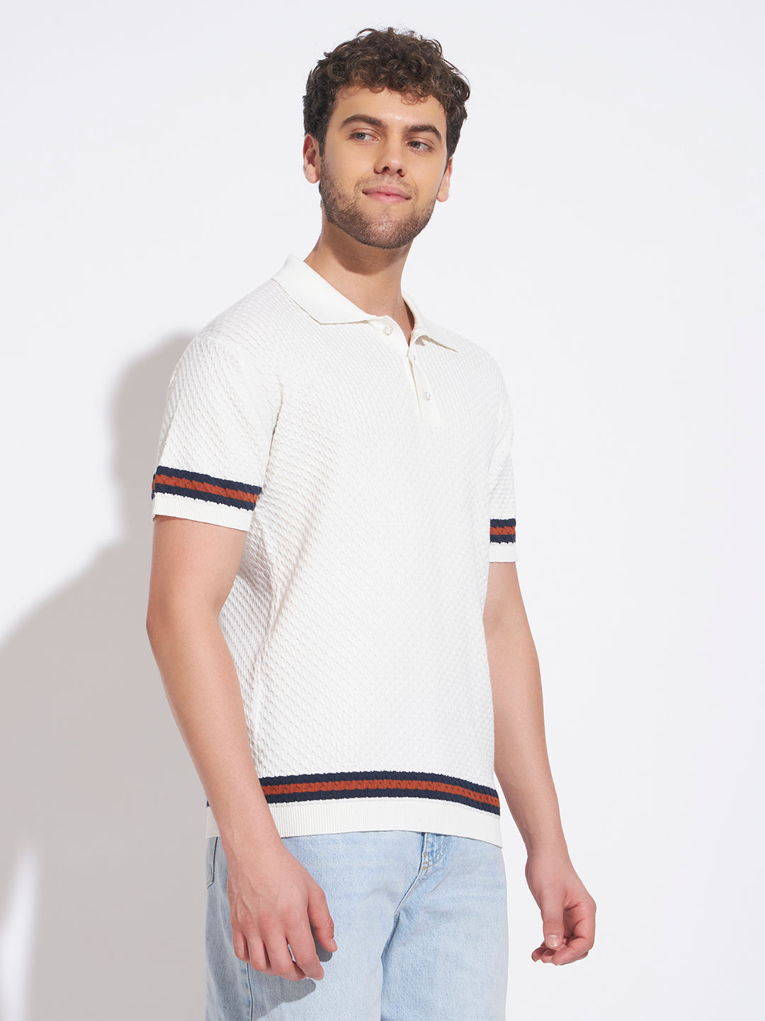 AEDENBURG Men Cable Knit Stripe Tipping Polo Regular Fit Cotton Blend T-Shirt