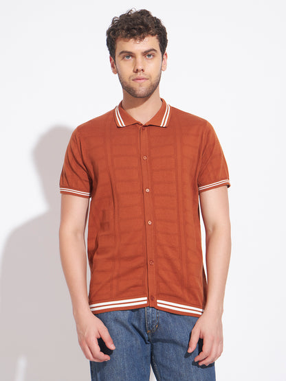 AEDENBURG Men Basket-Weave Rib Panel Stripe Polo Regular Fit Cotton Blend T-Shirt