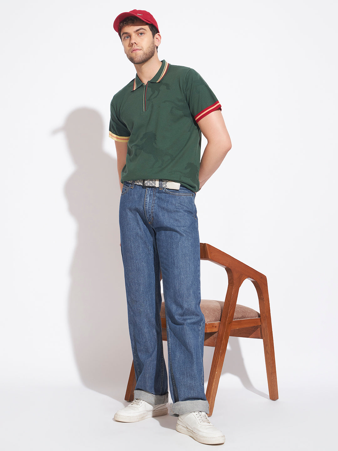 AEDENBURG Men Jacquard Camo Zip Placket Stripe Tipping Polo Regular Fit T-Shirt