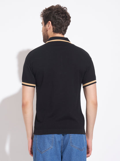 AEDENBURG Men Black Knitted Cotton Blend T-Shirt