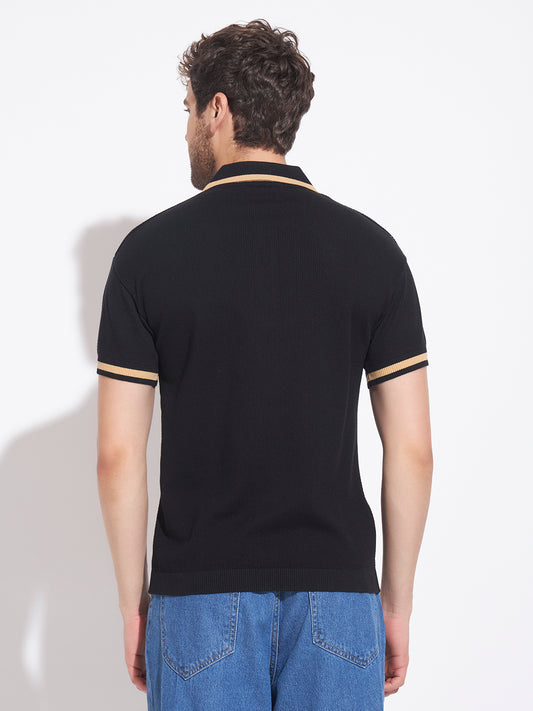 AEDENBURG Men Black Knitted Cotton Blend T-Shirt