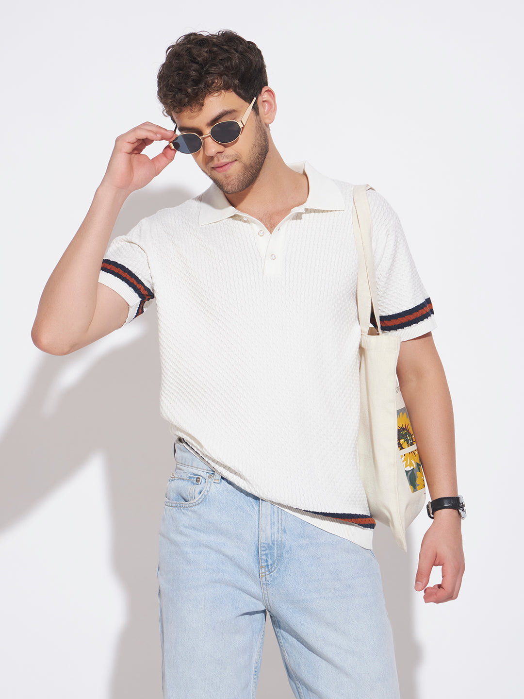 AEDENBURG Men Cable Knit Stripe Tipping Polo Regular Fit Cotton Blend T-Shirt
