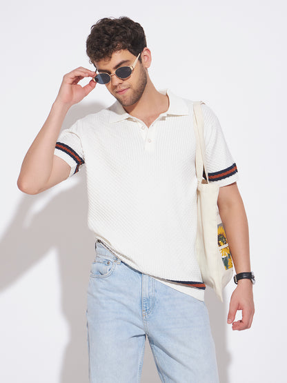 AEDENBURG Men Cable Knit Stripe Tipping Polo Regular Fit Cotton Blend T-Shirt