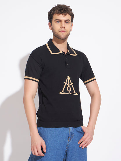 AEDENBURG Men Black Knitted Cotton Blend T-Shirt