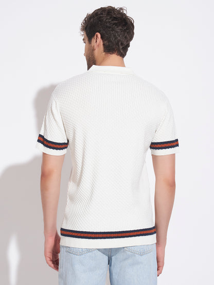 AEDENBURG Men Cable Knit Stripe Tipping Polo Regular Fit Cotton Blend T-Shirt