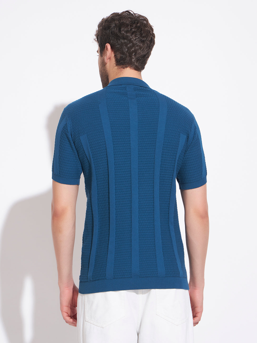 AEDENBURG Men Basket-Weave Contrast Placket Polo Regular Fit Cotton Blend T-Shirt