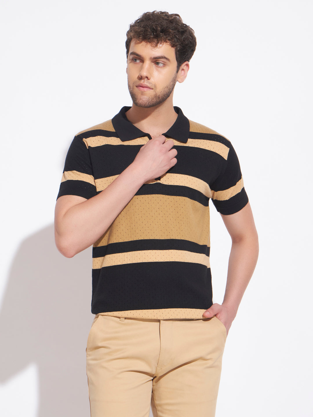 AEDENBURG Men Black Knitted Cotton Blend T-Shirt