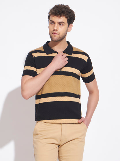 AEDENBURG Men Black Knitted Cotton Blend T-Shirt