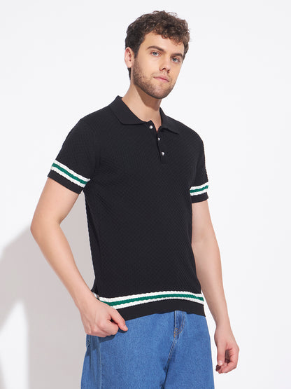 AEDENBURG Men Black Knitted Cotton Blend T-Shirt