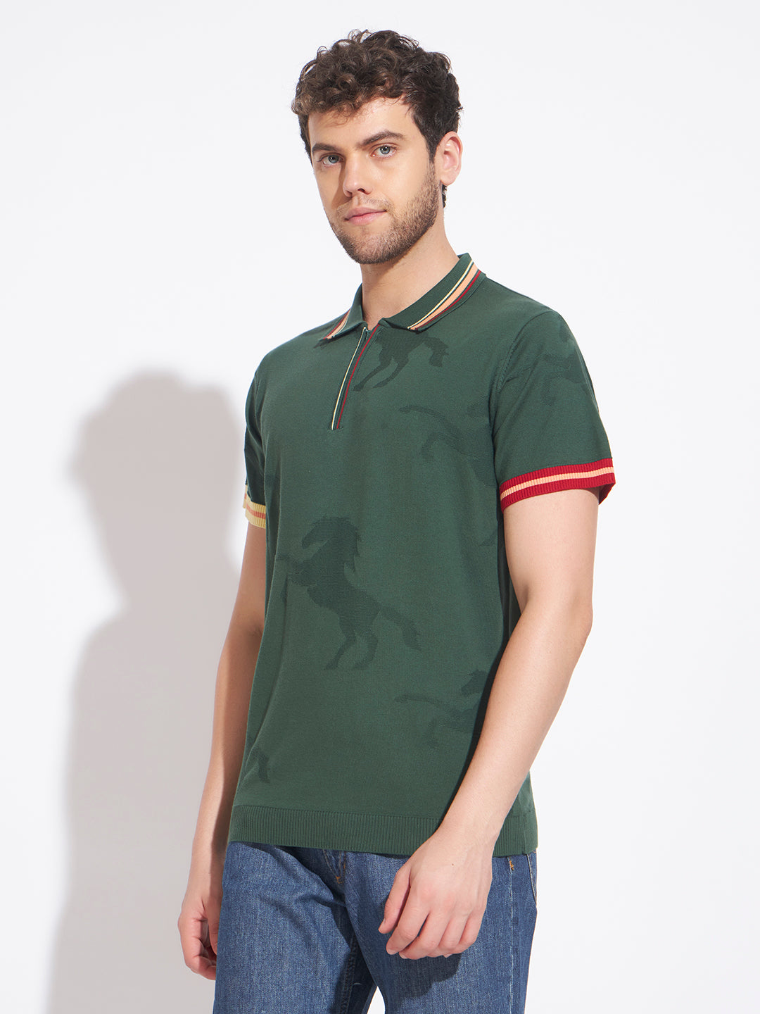 AEDENBURG Men Jacquard Camo Zip Placket Stripe Tipping Polo Regular Fit T-Shirt