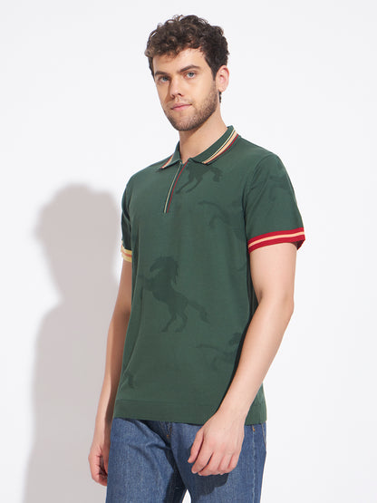 AEDENBURG Men Jacquard Camo Zip Placket Stripe Tipping Polo Regular Fit T-Shirt