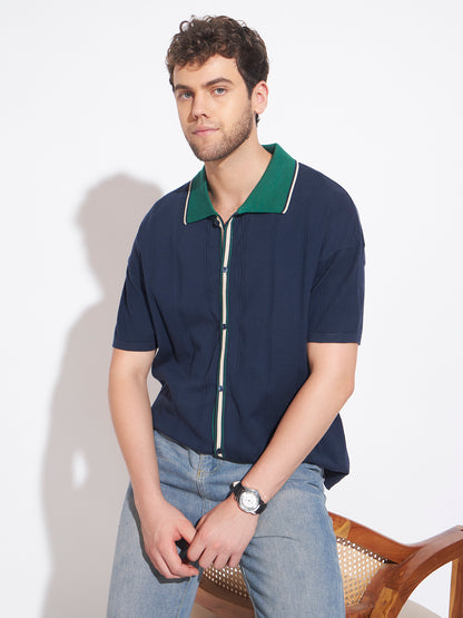 AEDENBURG Men Blue Knitted Cotton Blend T-Shirt