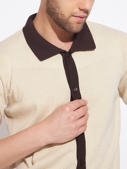 AEDENBURG Men Cream Knitted Cotton Blend T-Shirt