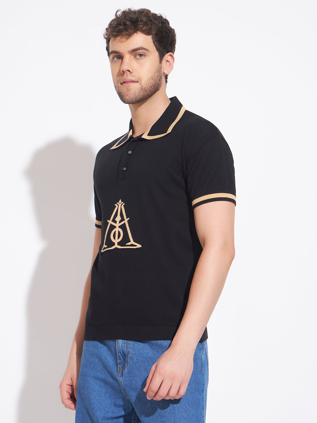 AEDENBURG Men Black Knitted Cotton Blend T-Shirt
