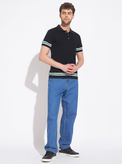 AEDENBURG Men Black Knitted Cotton Blend T-Shirt