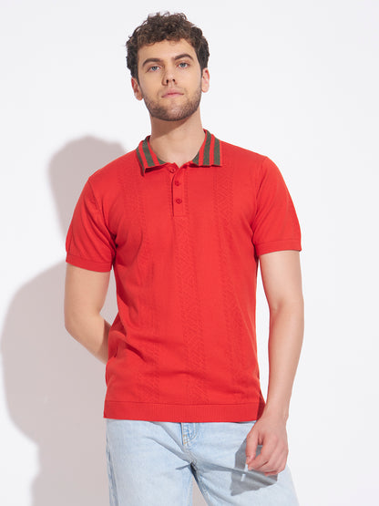 AEDENBURG Men Contrast Jacquard-Stripe Collar Polo Regular Fit Knitted Cotton Blend T-Shirt