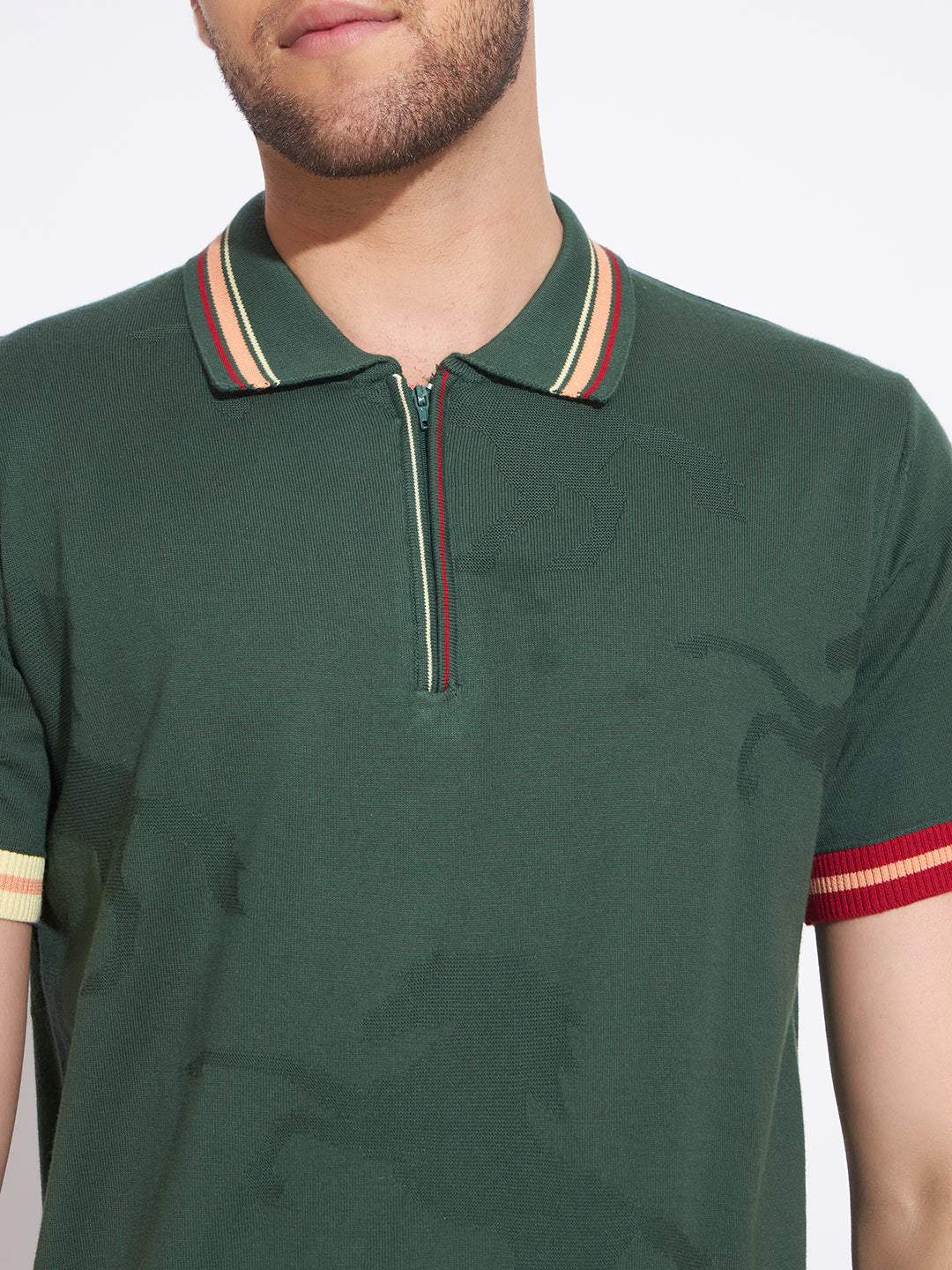 AEDENBURG Men Jacquard Camo Zip Placket Stripe Tipping Polo Regular Fit T-Shirt
