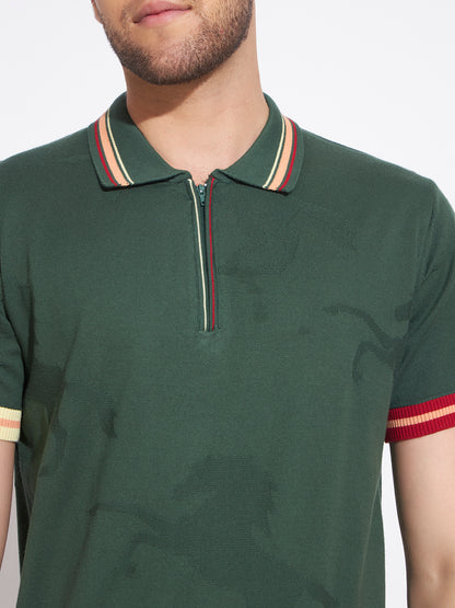 AEDENBURG Men Jacquard Camo Zip Placket Stripe Tipping Polo Regular Fit T-Shirt